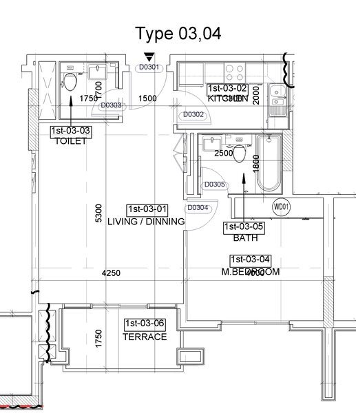 1 Bedroom floor plan 03-04 ADCP P/2910 in Khalifa Complex in Khalifa City A